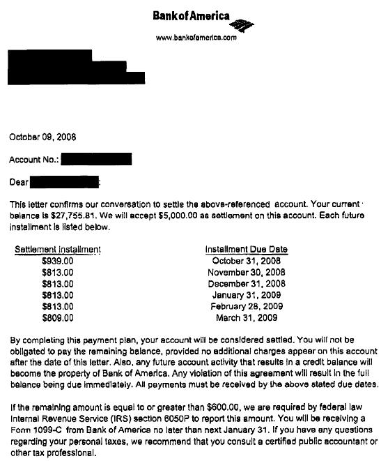 Bank of America Sample Debt Settlement Letter