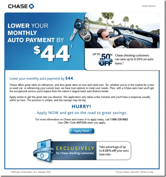 Chase Bank Offers to Lower Auto Payments by $44