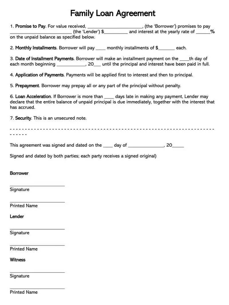 Free Family Loan Agreement Forms and Templates (Word