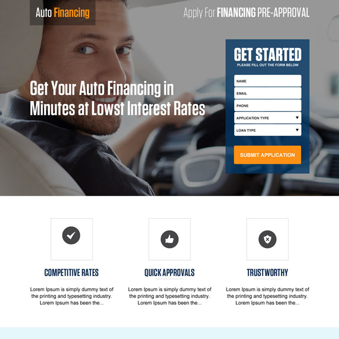 low interest rate auto financing responsive lead capture landing page