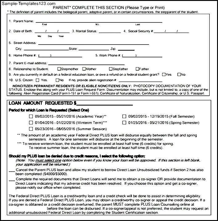 Parent Plus Loan Application Form Example