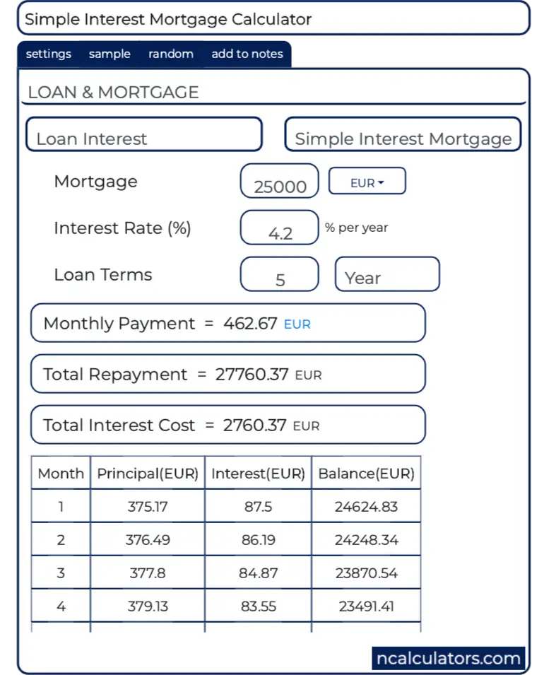 Simple Interest Mortgage Calculator
